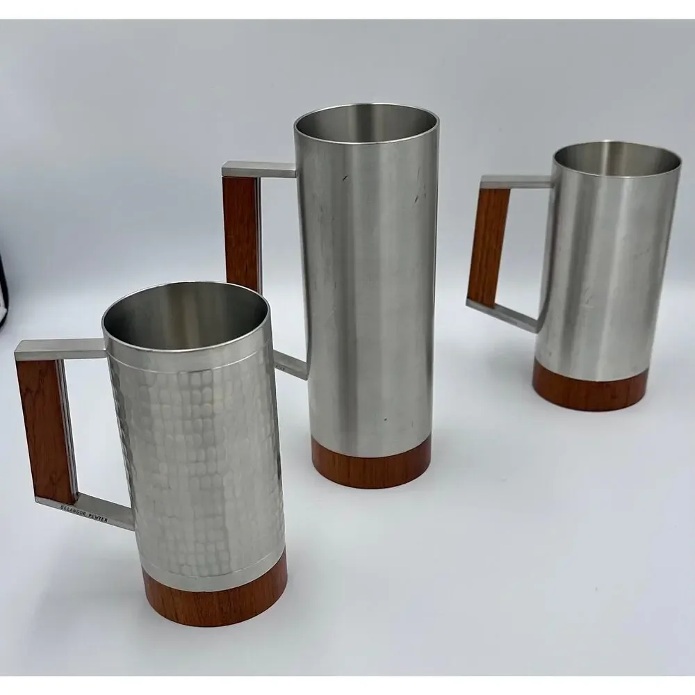 Danish Modern tiki Era Royal Selangor Pewter & Teak Mug Tankard Steins Set